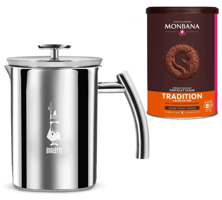 Pack Mousseur à Lait En Acier 33 Cl Bialetti + Chocolat En Poudre Tradition Monbana 3 Pack Mousseur à Lait En Acier 33 Cl Bialetti + Chocolat En Poudre Tradition Monbana