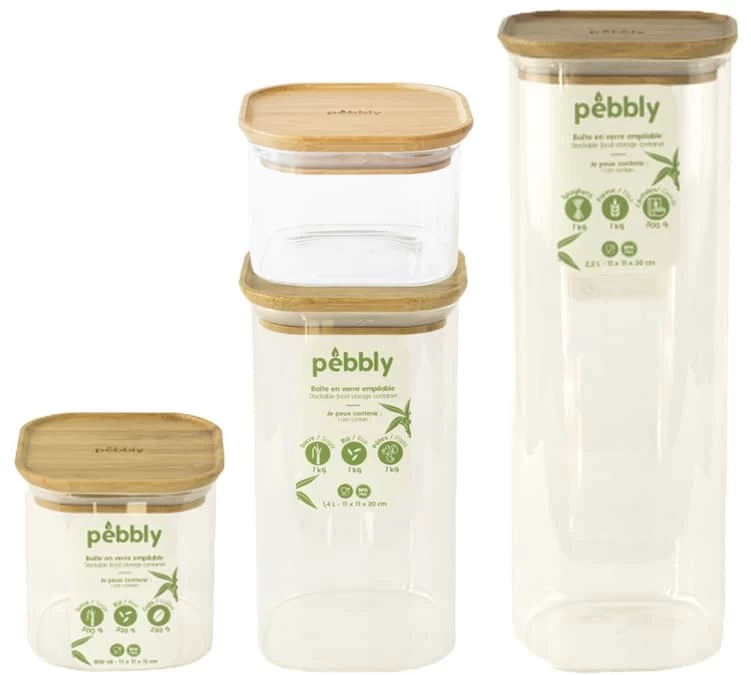 Lot De Boîtes Conservatrices PEBBLY En Verre Et Couvercle En Bambou 3 Lot De Boîtes Conservatrices PEBBLY En Verre Et Couvercle En Bambou